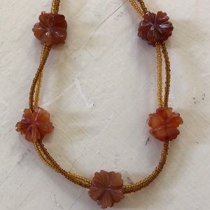 One of a kind vintage five floral station amber bead necklace w/ gold tone clasp